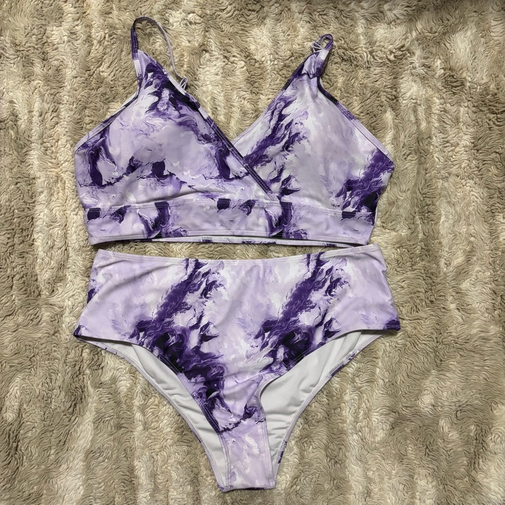 Plus Size Purple Tie Dye High Waisted Bikini Swimsuit